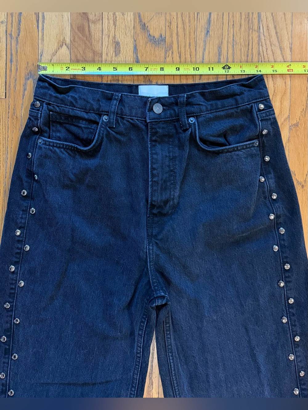 Reformation Black Stud-Trim High-Rise Wide-Leg Jeans